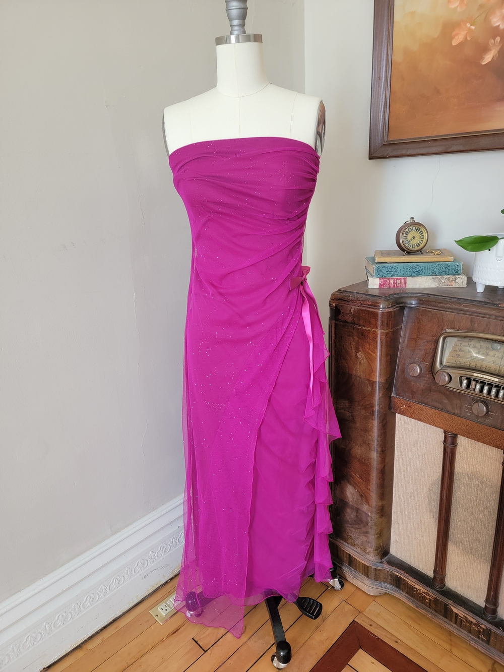 XOXO Y2k Strapless Sparkly Fuchsia Ruched Party Dress Medium